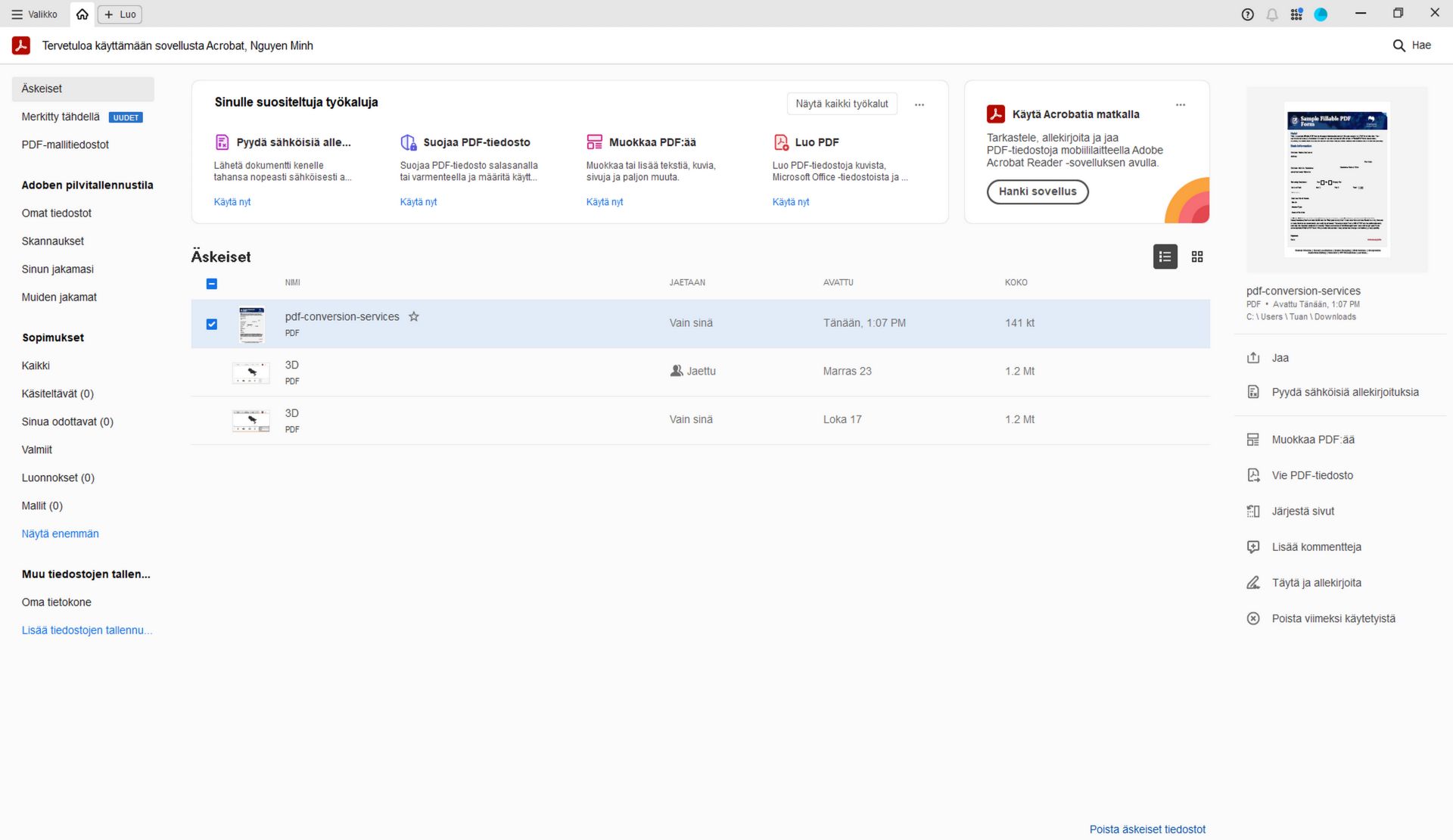 Acrobatin aloitusnäkymän parannukset