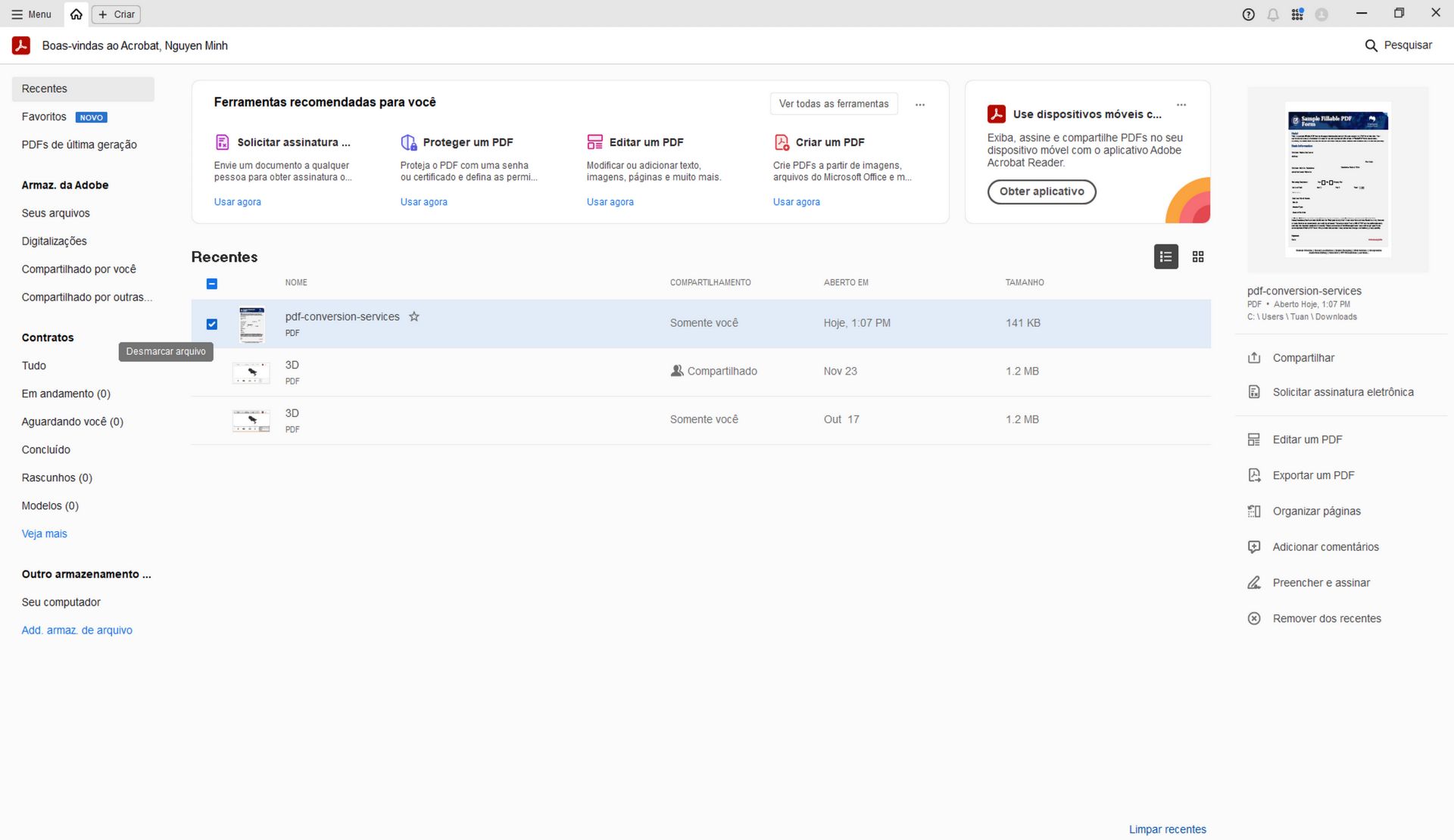 Aprimoramentos na página inicial do Acrobat