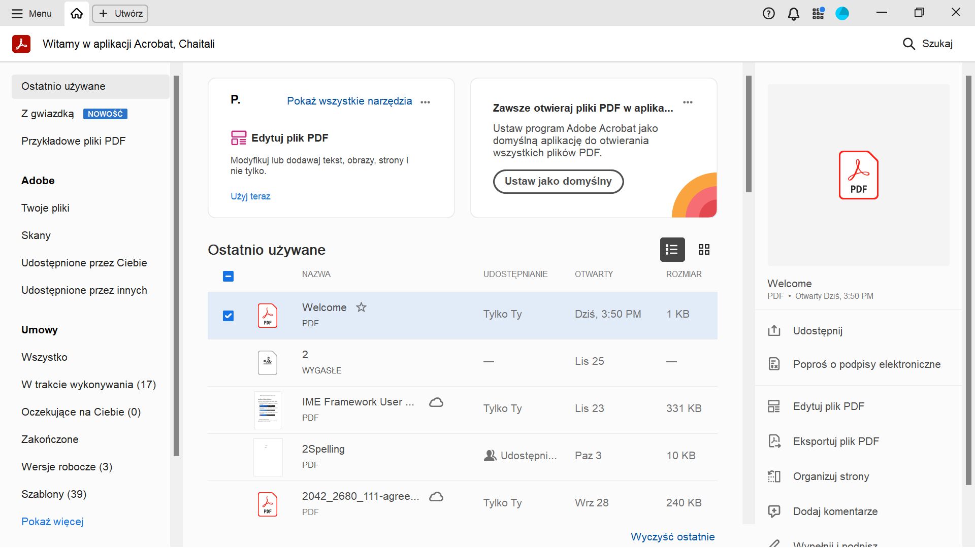 Ulepszenia na stronie głównej programu Acrobat