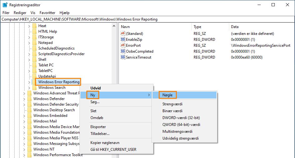 Opret registreringsdatabasenøglen LocalDumps.