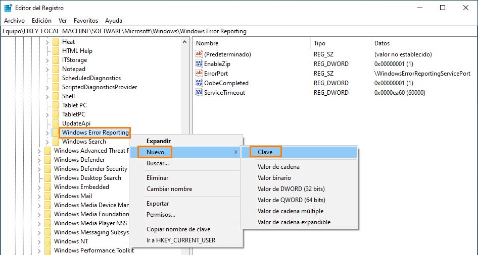 Crear clave de registro LocalDumps