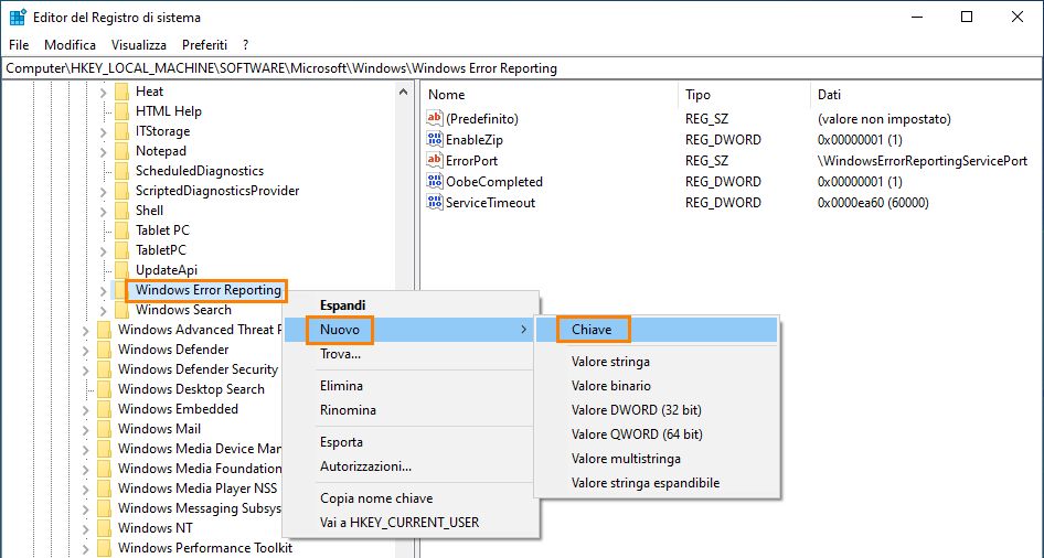 Crea la chiave di registro LocalDumps