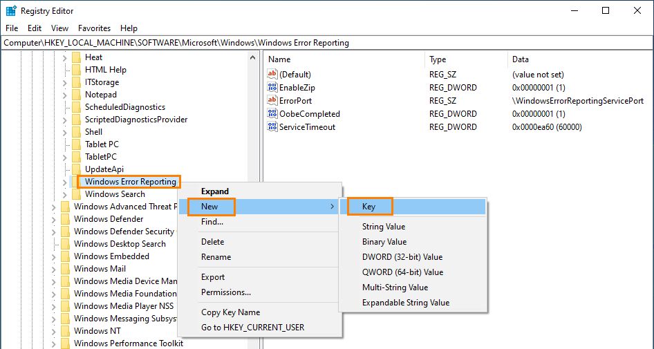 Ustvarjanje registrskega ključa LocalDumps