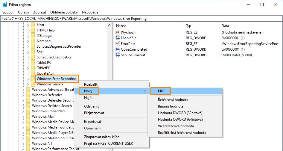 Vytvoření klíče registru LocalDumps
