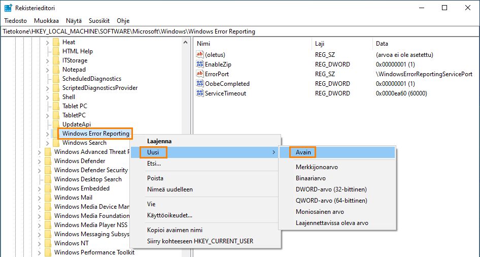 Luo LocalDumps-rekisteriavain