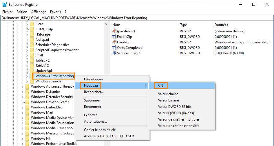 Créez une clé de registre LocalDumps