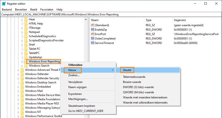 Maak de registersleutel LocalDumps aan