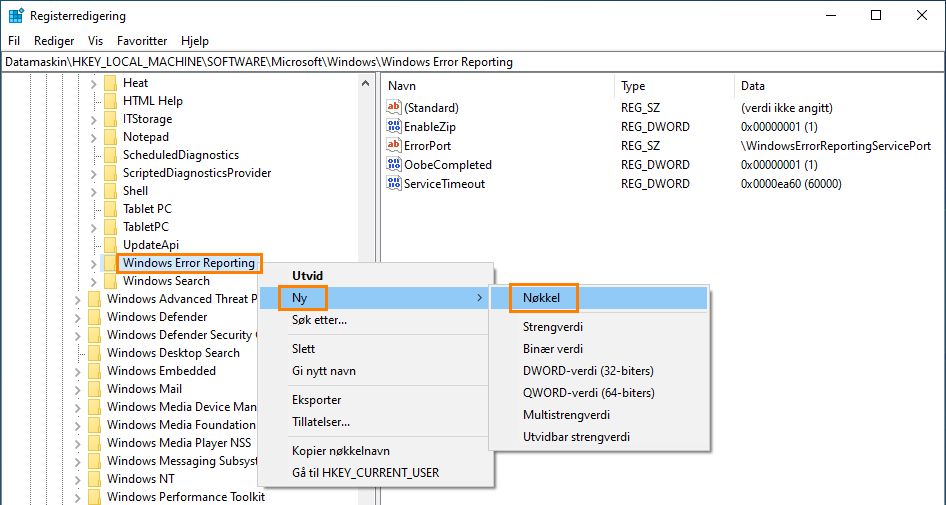Opprette en registernøkkel med navnet LocalDumps