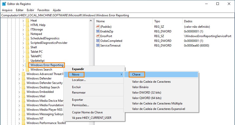 Criar chave de registro LocalDumps
