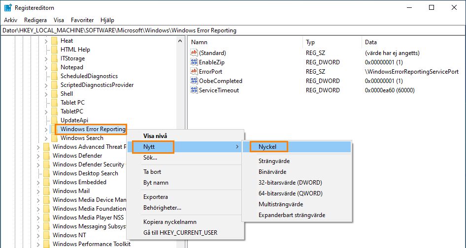 Skapa registernyckeln LocalDumps