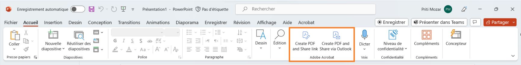 Création d’un PDF et options de partage dans PowerPoint