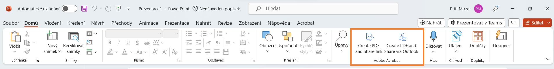 Možnosti Vytvořit PDF a sdílet v aplikaci PowerPoint