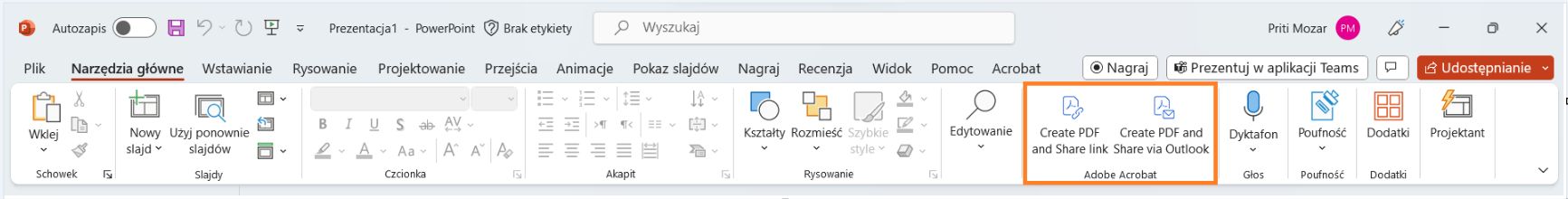 Opcje tworzenia plików PDF i udostępniania w programie PowerPoint