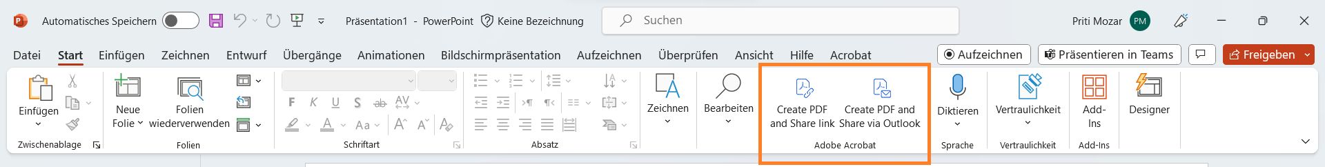Optionen zum Erstellen und Freigeben von PDF-Dateien in PowerPoint