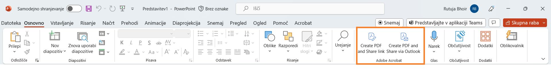 Možnosti za ustvarjanje PDF-jev in skupno rabo v programu PowerPoint