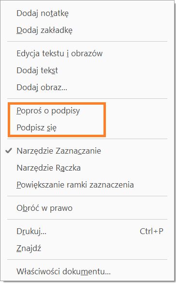 Nowe opcje podpisywania w menu kontekstowym dostępnym po kliknięciu prawym przyciskiem myszy