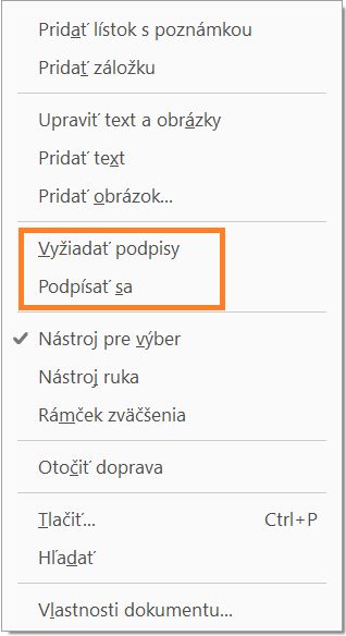 Nové možnosti podpisovania v rozbaľovacej ponuke po kliknutí pravým tlačidlom myši