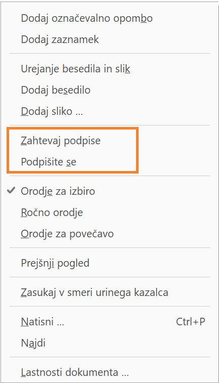 Novi možnosti podpisovanja v kontekstnem meniju