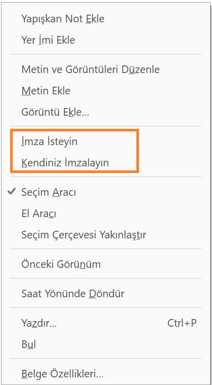 Sağ tıklatma bağlam menüsünde yer alan yeni imzalama seçenekleri
