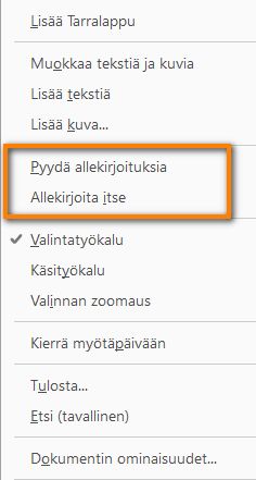 Hiiren kakkospainikkeella avattavan pikavalikon uudet allekirjoitustoiminnot
