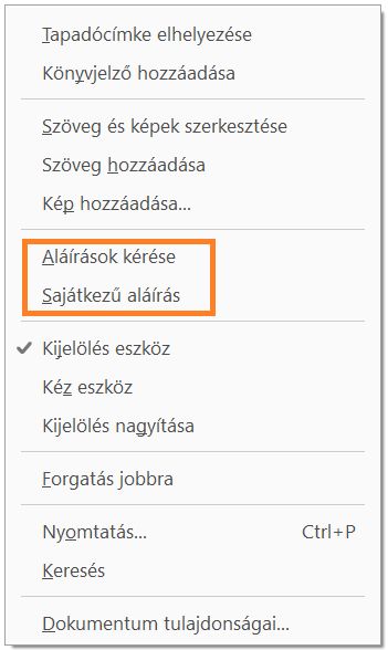 Új aláírásopciók a jobb egérgombos helyi menüben