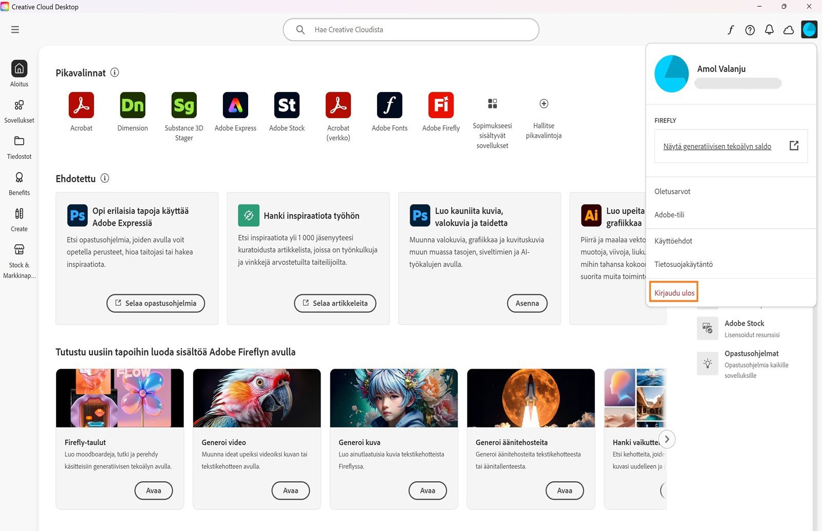 Tili-valikko, joka sisältää vaihtoehtoja, kuten Asetukset, Kirjaudu ulos ja generatiivisten tekoälyominaisuuksien kuukausittaiset generointikrediitit. 