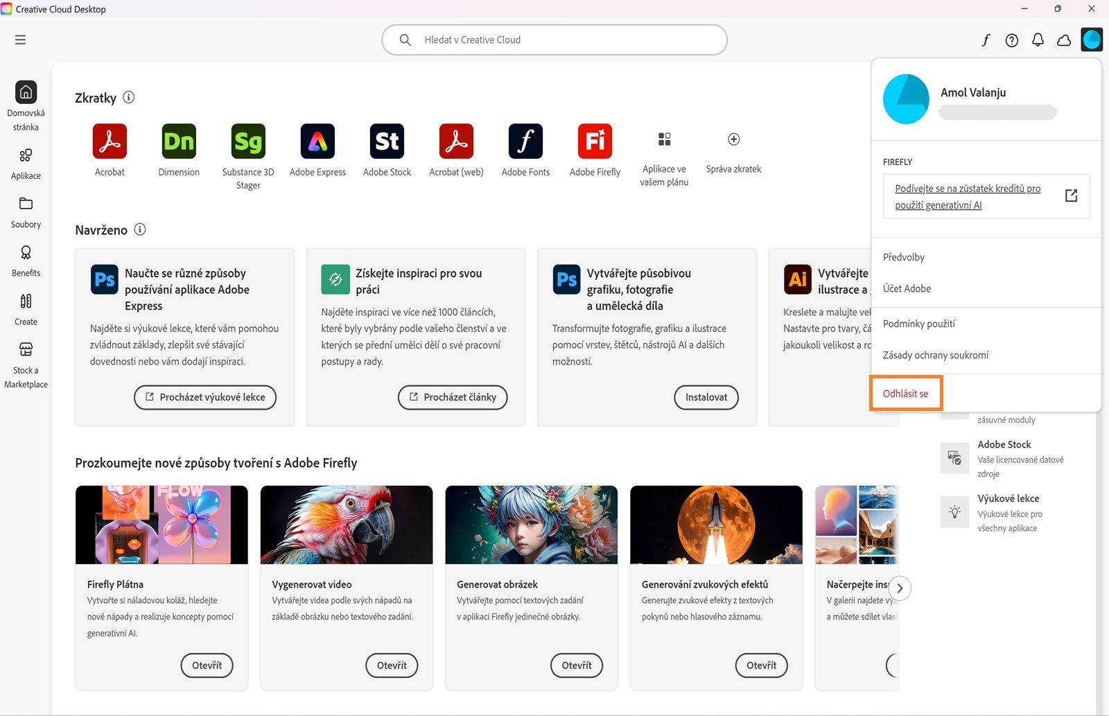 Nabídka účtu s možnostmi jako Předvolby a Odhlásit se a měsíčními generativními kredity pro funkce generativní AI. 