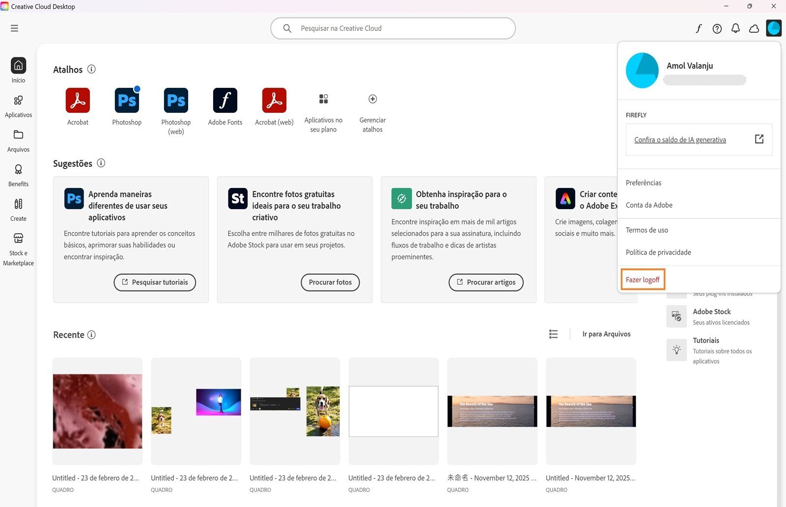 O menu Conta mostra opções como Preferências, Fazer logoff e os créditos generativos mensais para recursos de IA generativa. 