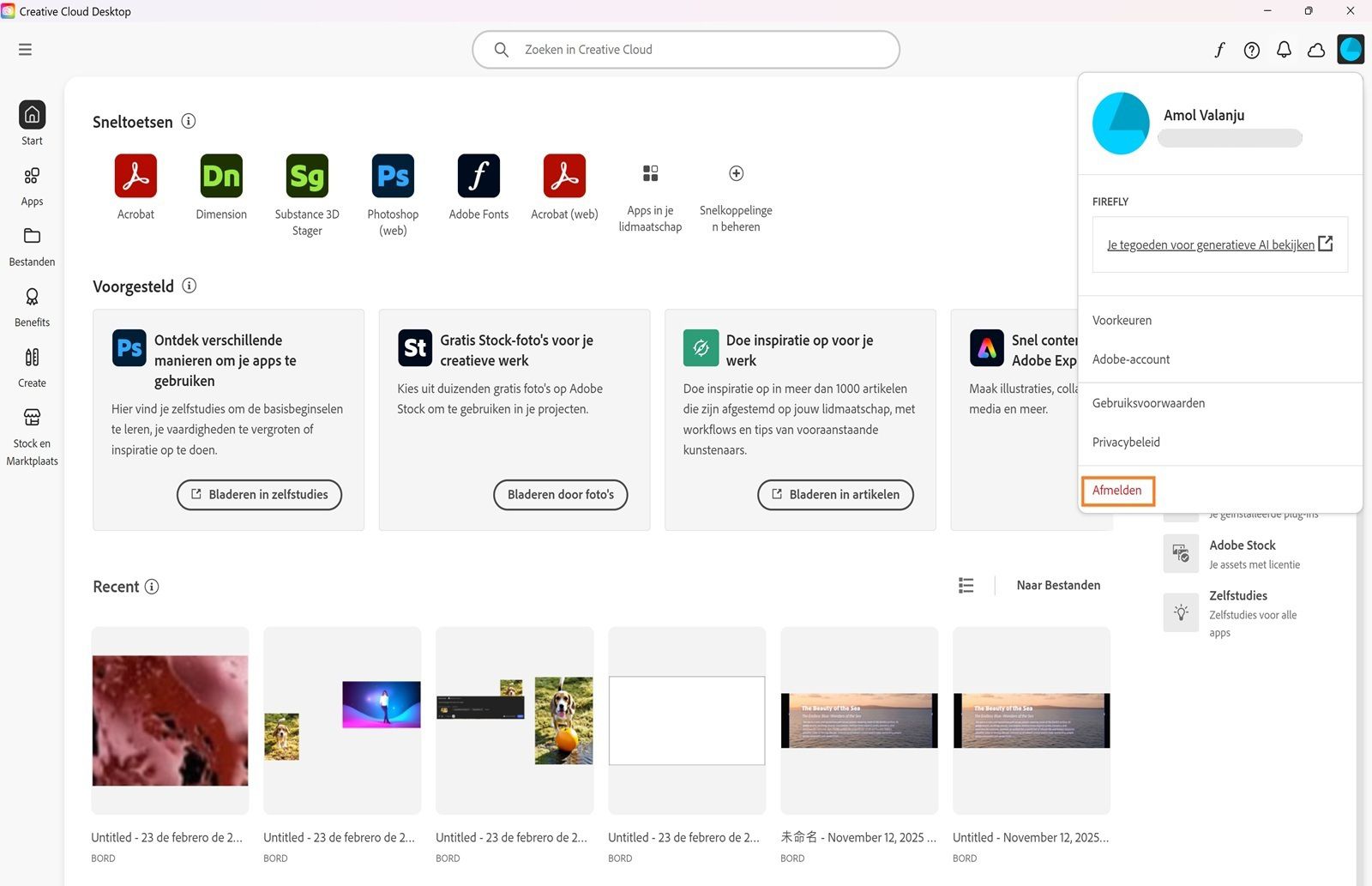 Het menu Account met opties zoals Voorkeuren, Afmelden en het aantal maandelijkse tegoeden voor generatieve AI-functies. 