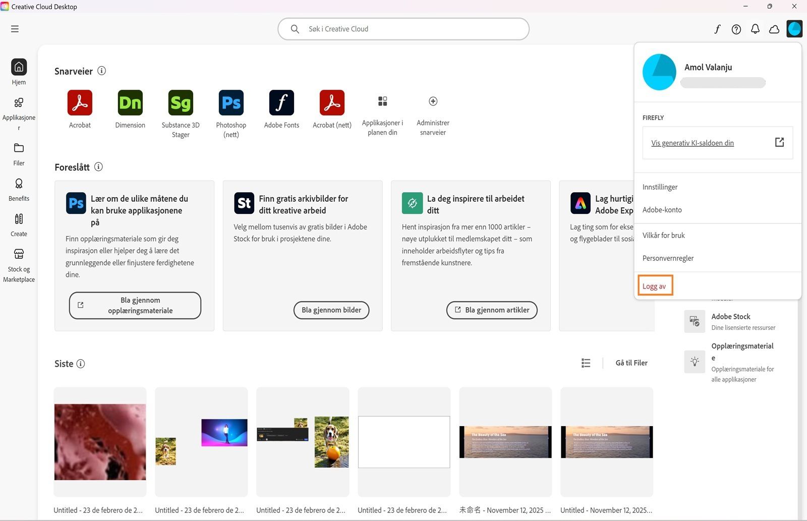 Kontomenyen som viser alternativer som Innstillinger, Logg av og månedlige generative kreditter for generativ kunstig intelligens-funksjoner. 