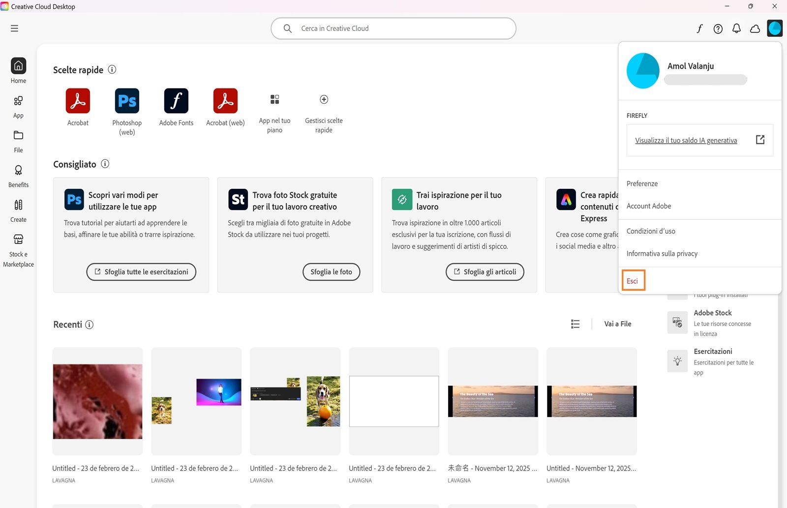 Il menu Account mostra opzioni come Preferenze, Esci e crediti generativi mensili per le funzioni di IA generativa. 