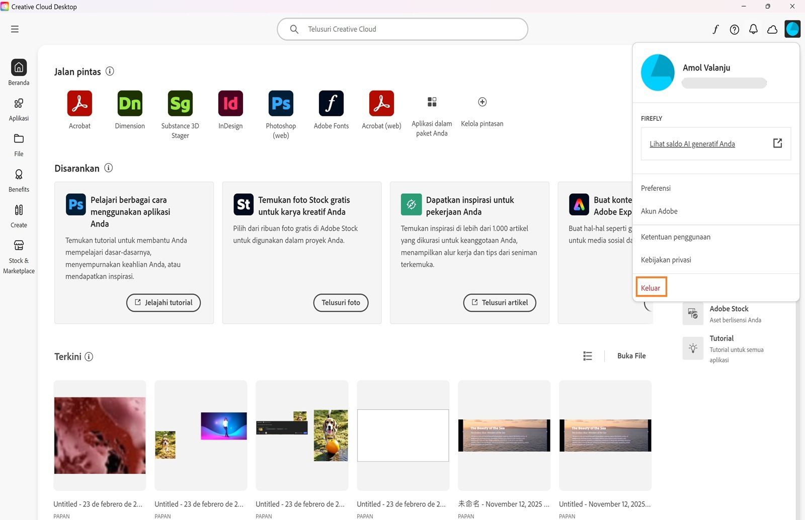 Menu Akun menampilkan opsi seperti Preferensi, Keluar, dan kredit generatif bulanan untuk fitur Gen AI. 