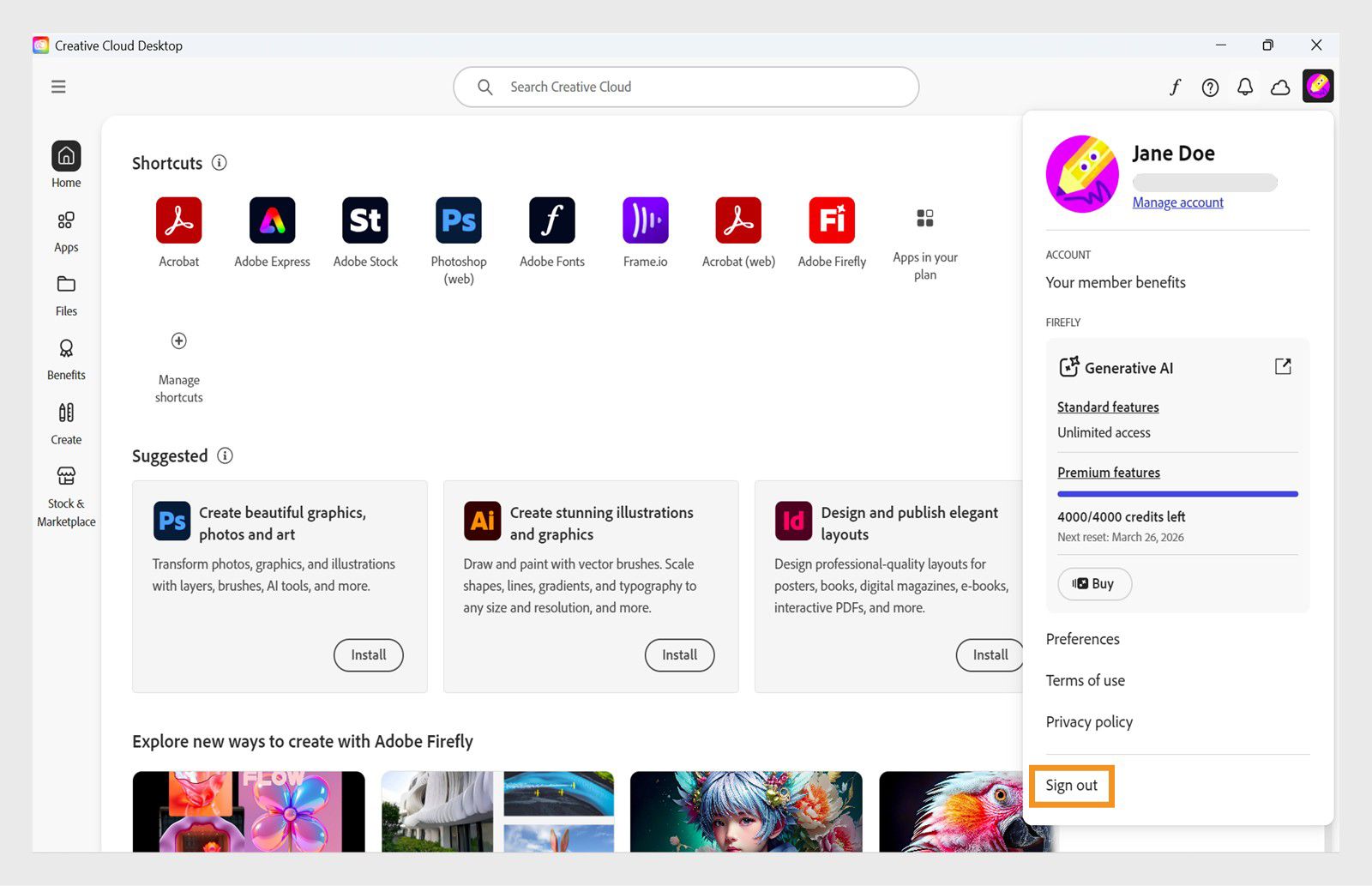 התפריט Account (חשבון) מציג אפשרויות כגון Preferences (העדפות), Sign out (יציאה) וזיכויים יצירתיים חודשיים עבור תכונות Gen AI. 