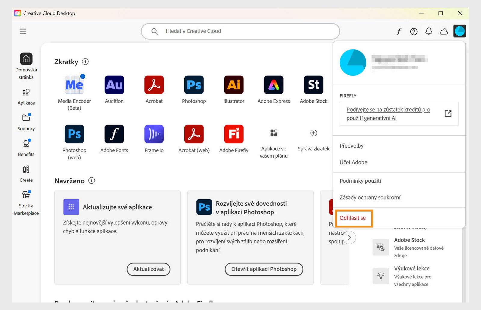 Tlačítko nabídky Účet dostupné v pravém horním rohu poskytuje možnost odhlásit se z aplikace Creative Cloud.
