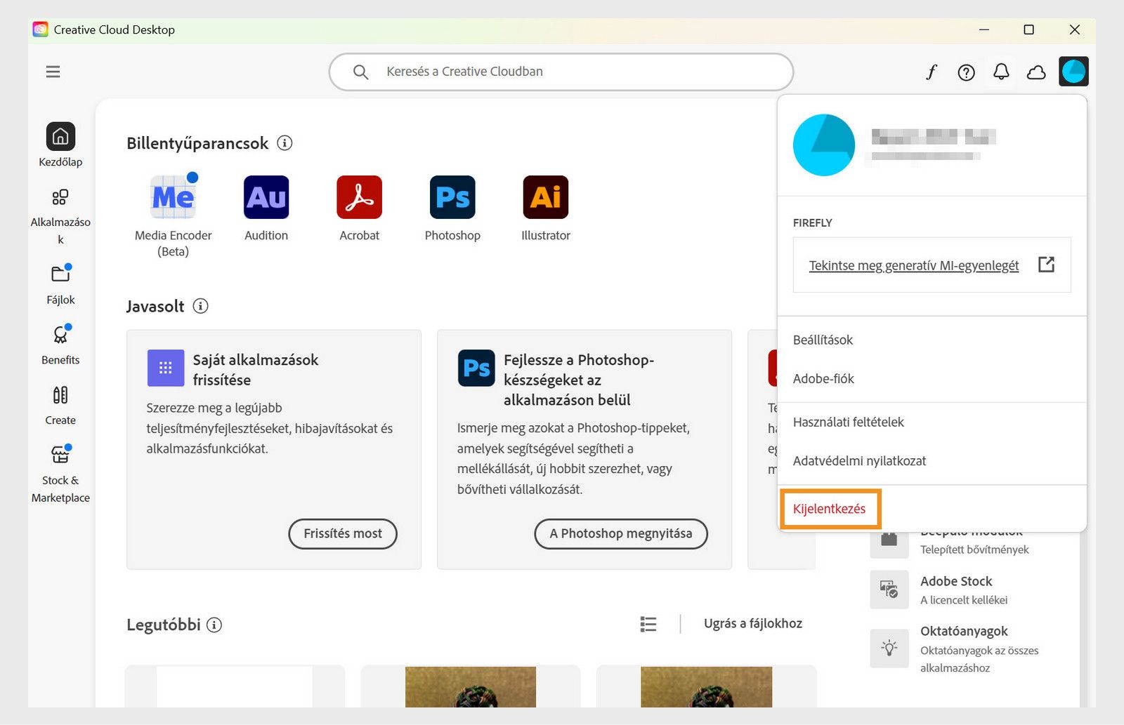A jobb felső sarokban található Fiók menü gomb lehetőséget biztosít a Creative Cloud alkalmazásból való kijelentkezésre.
