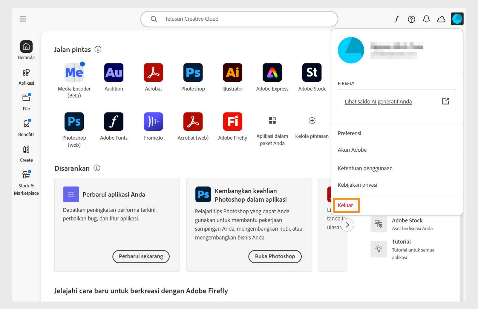 Tombol menu Akun yang tersedia di pojok kanan atas menyediakan opsi untuk keluar dari Aplikasi desktop Creative Cloud Anda.