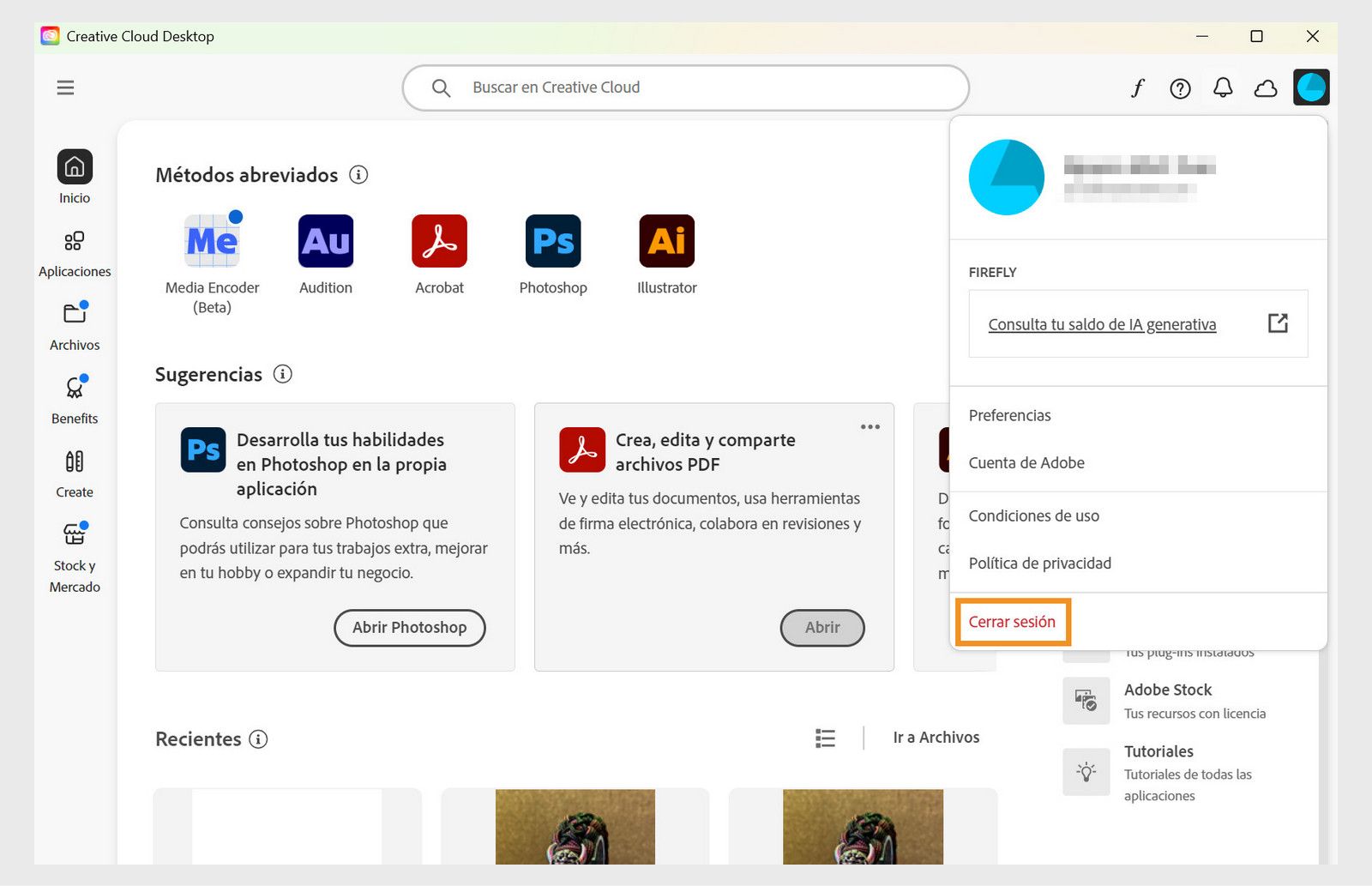 El botón del menú Cuenta disponible en la esquina superior derecha proporciona la opción de cerrar sesión en su aplicación de Creative Cloud.