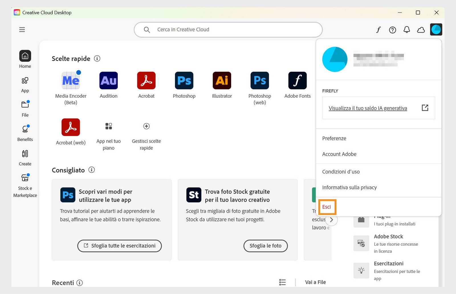 Il pulsante del menu Account disponibile nell'angolo in alto a destra fornisce l'opzione per uscire dall'app Creative Cloud.
