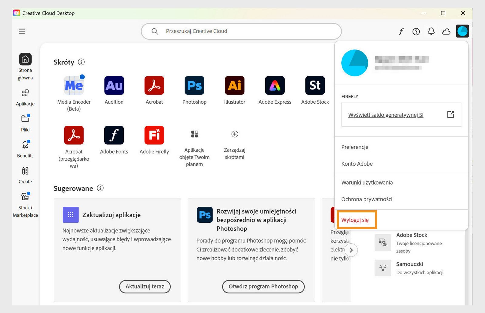 Przycisk menu Konto dostępny w prawym górnym rogu umożliwia wylogowanie się z aplikacji Creative Cloud Desktop.