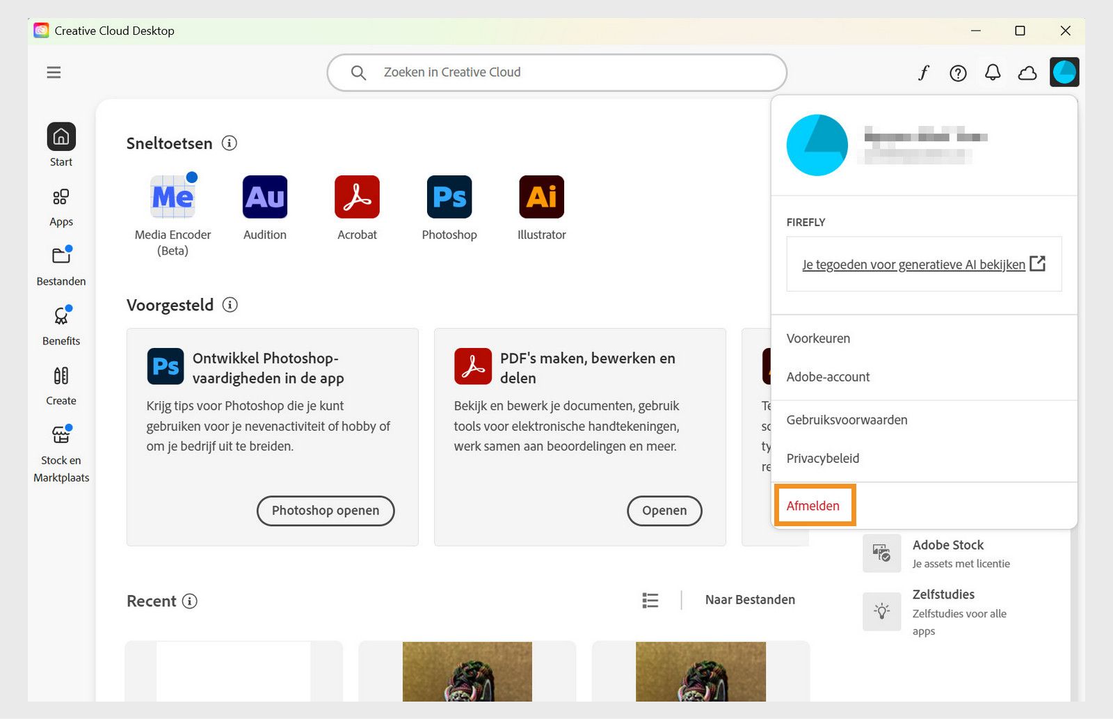 De button Account-menu in de rechterbovenhoek biedt de optie om je af te melden bij je Creative Cloud desktop-applicatie.
