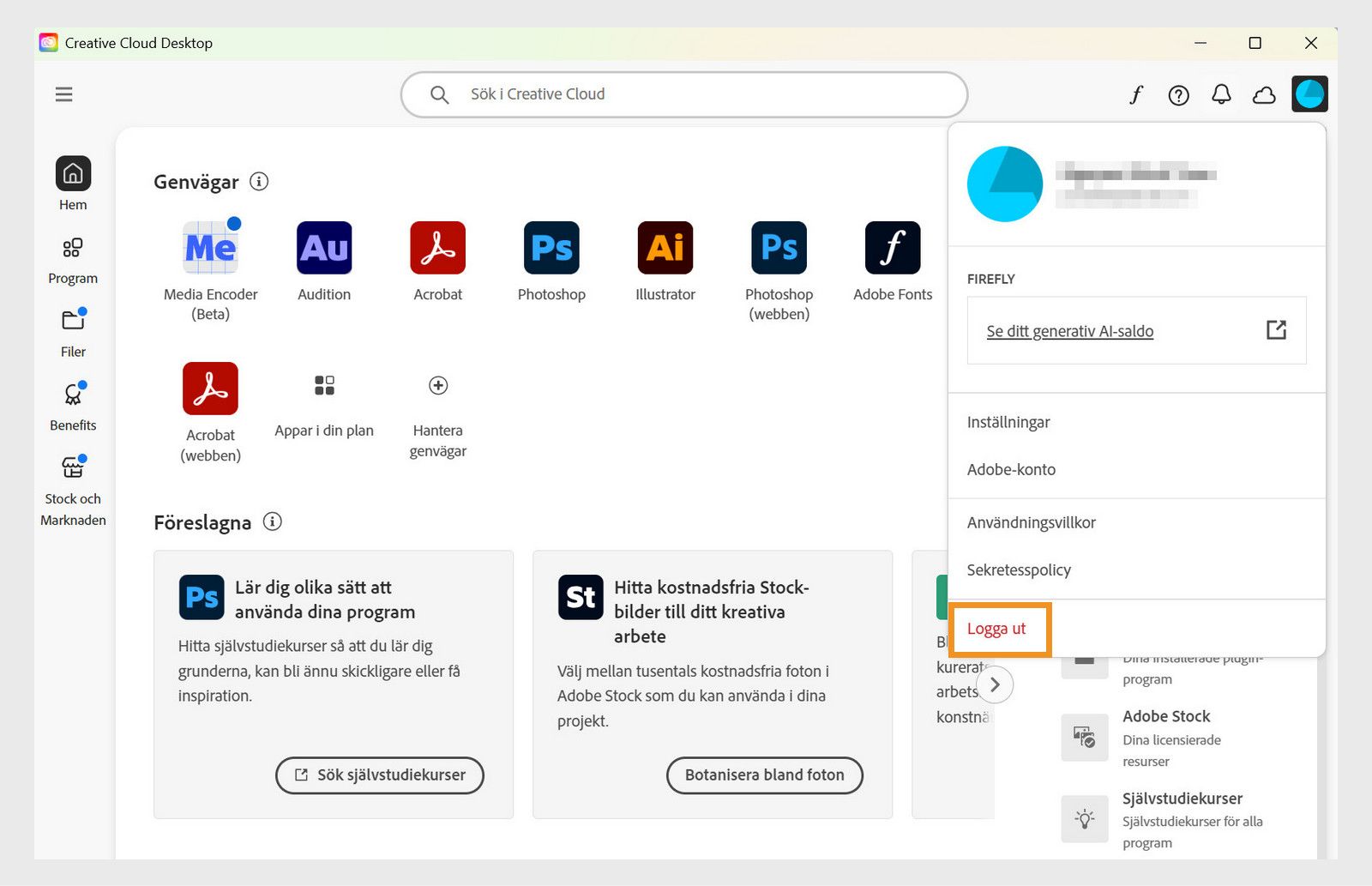 Kontoknappen som finns i det övre högra hörnet ger alternativet att logga ut från ditt Creative Cloud-program.