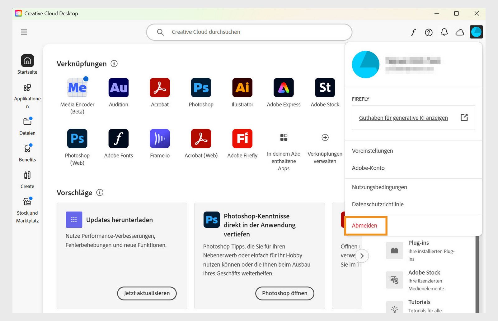 Der Button für das Konto-Menü in der oberen rechten Ecke bietet die Option, dich von deinem Creative Cloud-Client abzumelden.
