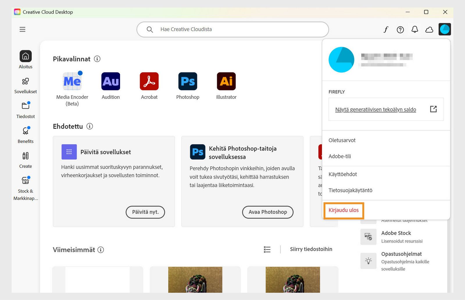 Oikeassa yläkulmassa oleva Tili-valikon painike tarjoaa mahdollisuuden kirjautua ulos Creative Cloud -sovelluksesta.