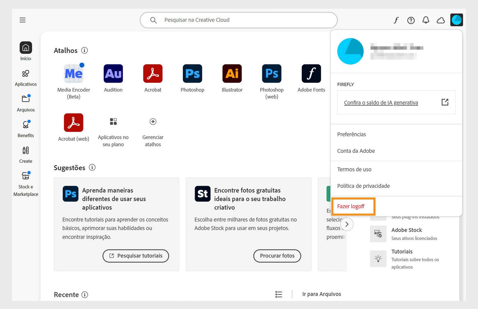 O botão do menu “Conta”, localizado no canto superior direito, permite fazer logoff do seu aplicativo para desktop da Creative Cloud.