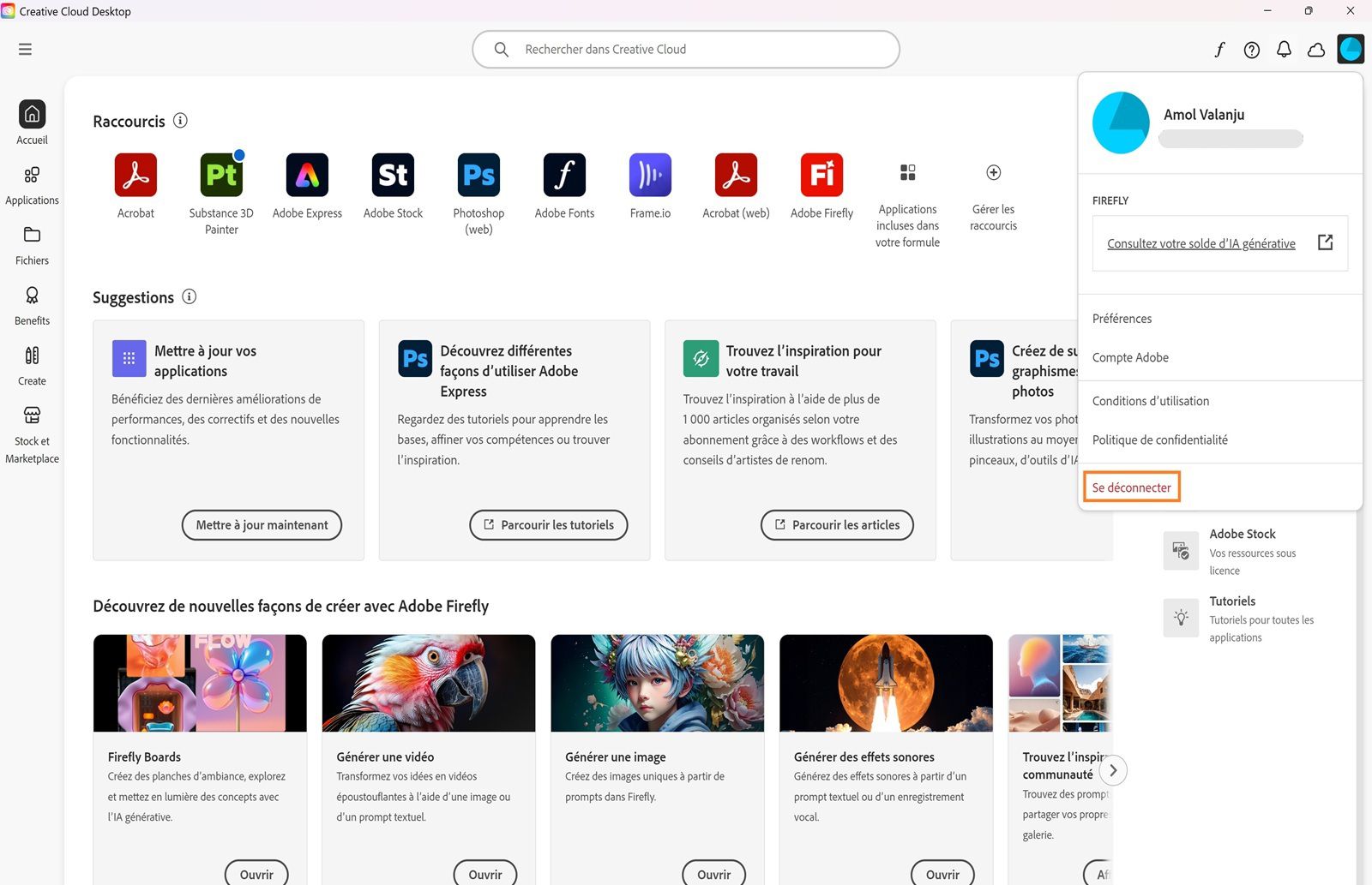 Le menu Compte affiche des options telles que Préférences, Déconnexion et Crédits mensuels génératifs pour les fonctionnalités d’IA générative. 