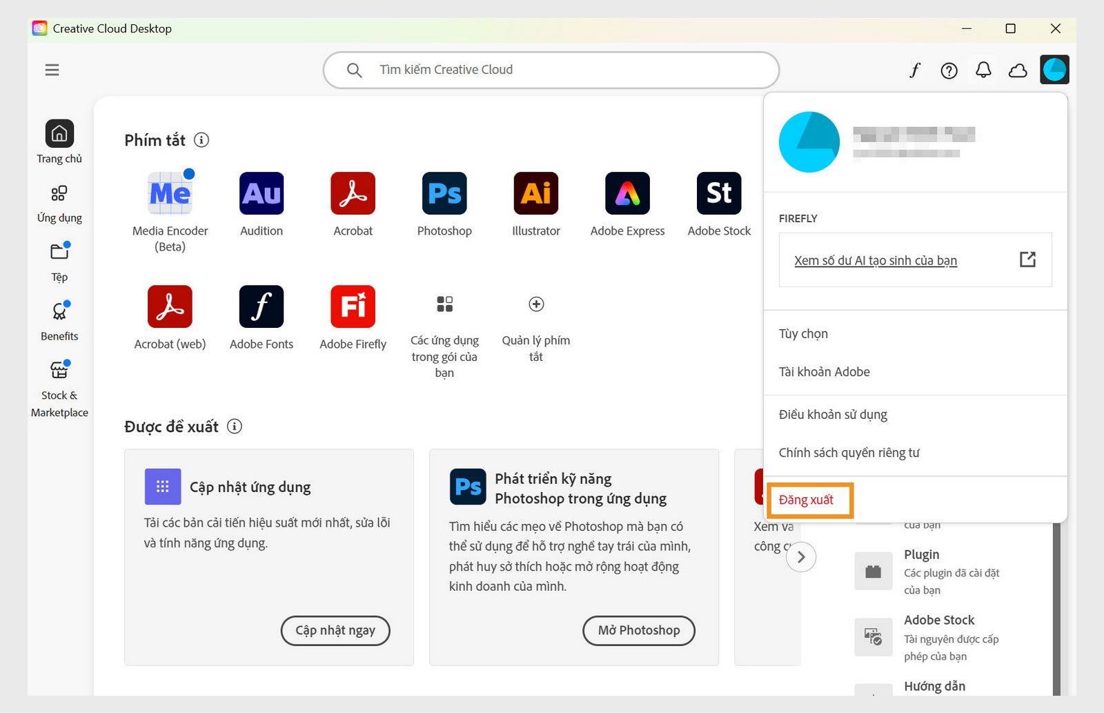 Nút menu Tài khoản có sẵn ở góc trên bên phải cung cấp tùy chọn để Đăng xuất khỏi ứng dụng Creative Cloud trên máy tính của bạn.