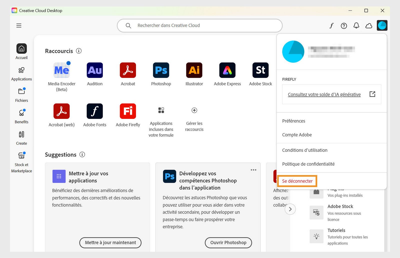 Le bouton de menu Compte disponible dans le coin supérieur droit permet de se déconnecter de l'application de bureau Creative Cloud.