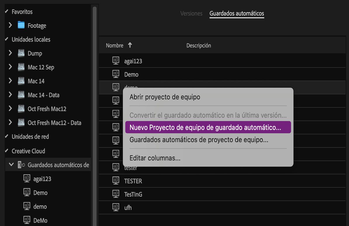 Captura de pantalla que muestra la opción seleccionada de Nuevos proyectos de equipo a partir de guardado automático.