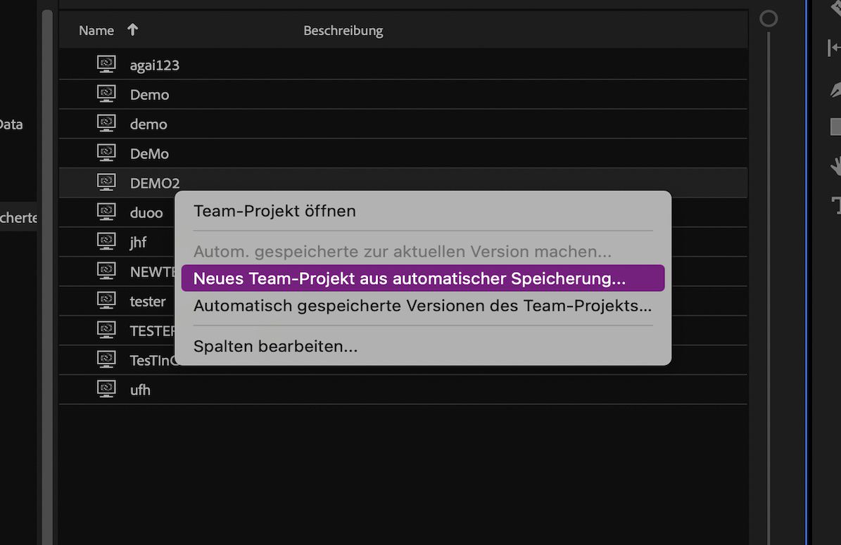 Ein Screenshot, in dem die Option „Neues Team-Projekt aus automatischer Speicherung“ angezeigt wird.