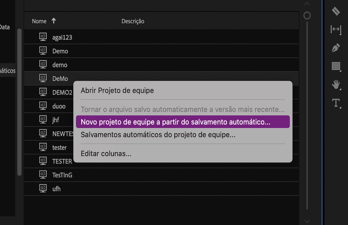 Uma captura de tela que mostra a opção Novo projeto de equipe a partir do salvamento automático selecionado.
